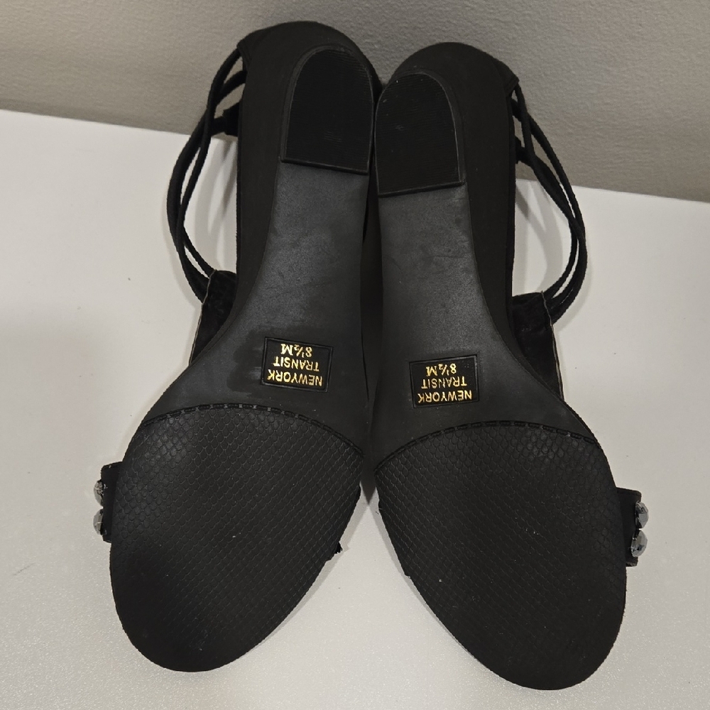 New York Transit Black Embellished T-Strap Sandals - Picture 7 of 8